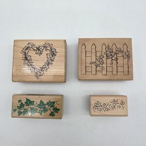 Lot of 4 Wood Mounted Rubber Stamps Ivy Garden Heart Fence Inkadinkado DOTS